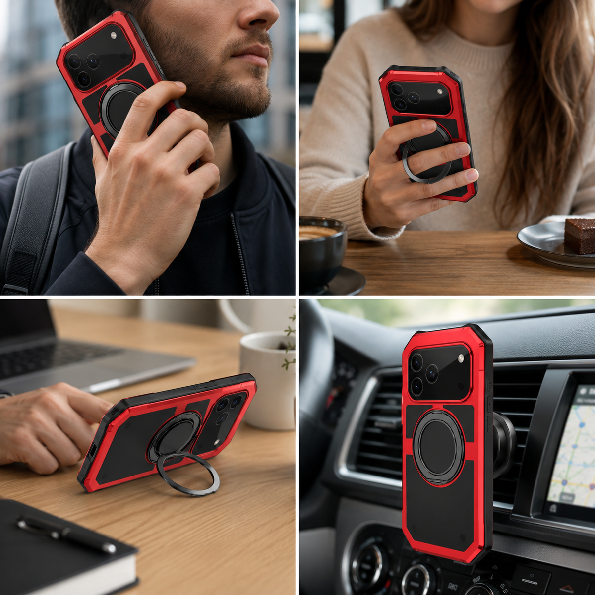 Premium iPhone Case MagSafe Compatible Magnetic Protective Cover Aluminum Armor Frame Built-in Kickstand Glass Screen Protector Shockproof Full Body Design