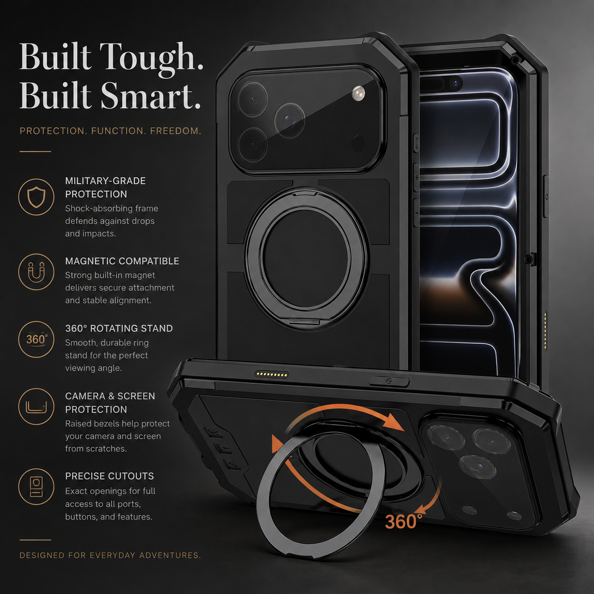 Premium iPhone Case MagSafe Compatible Magnetic Protective Cover Aluminum Armor Frame Built-in Kickstand Glass Screen Protector Shockproof Full Body Design
