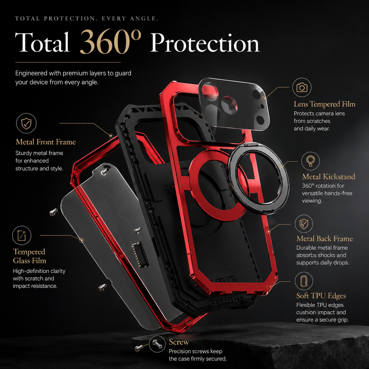 Premium iPhone Case MagSafe Compatible Magnetic Protective Cover Aluminum Armor Frame Built-in Kickstand Glass Screen Protector Shockproof Full Body Design