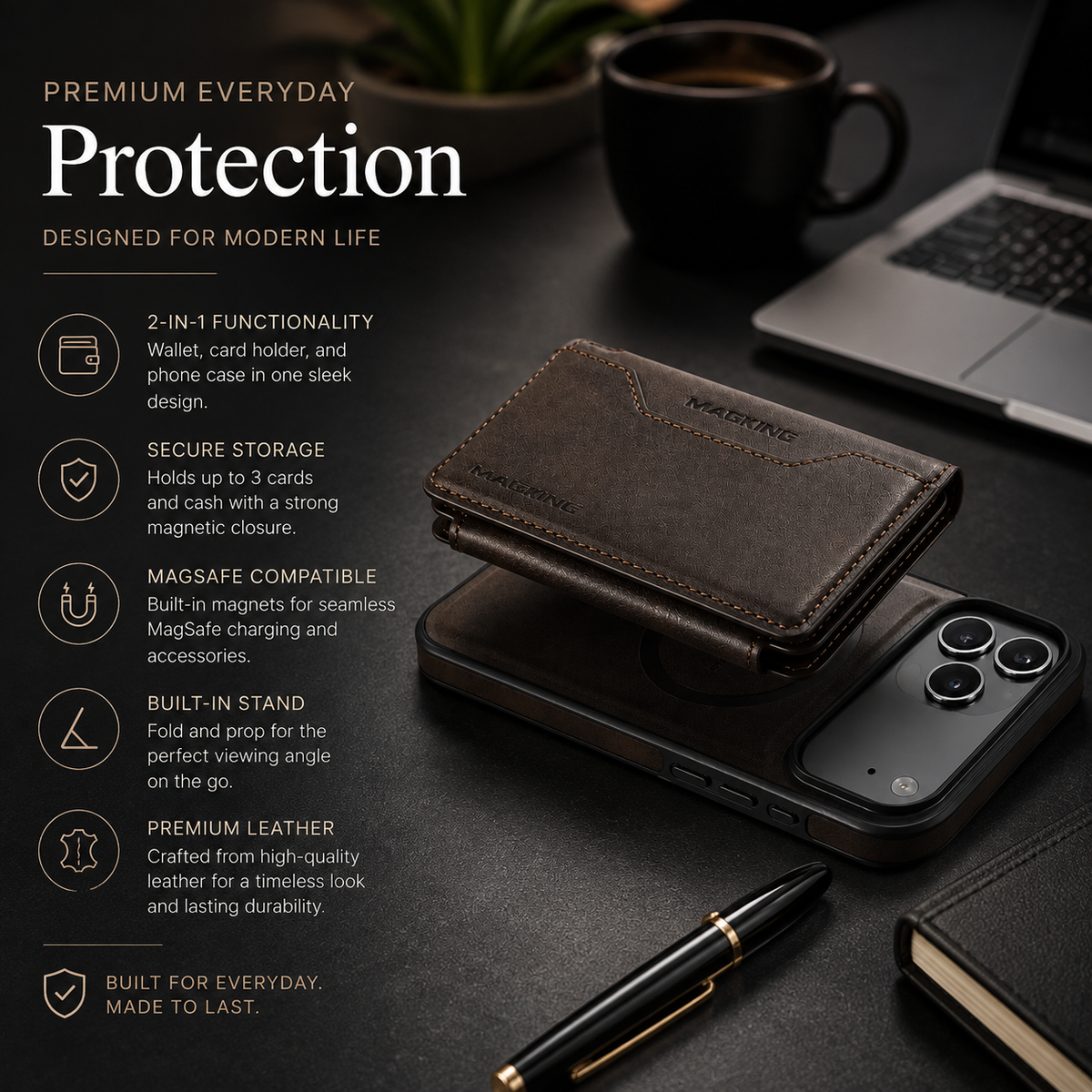 Premium iPhone Case MagSafe Compatible Protective Cover Camera Lens Protection Shockproof Detachable Magnetic PU Leather Wallet Card Holder Anti Scratch Full Coverage