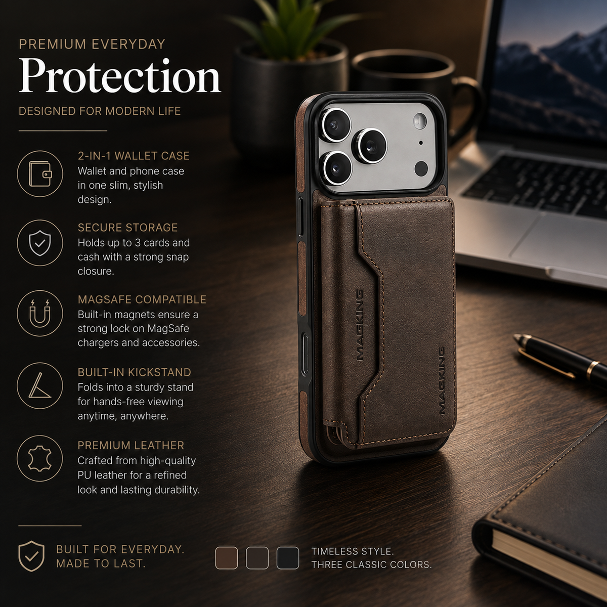 Premium iPhone Case MagSafe Compatible Protective Cover Camera Lens Protection Shockproof Detachable Magnetic PU Leather Wallet Card Holder Anti Scratch Full Coverage