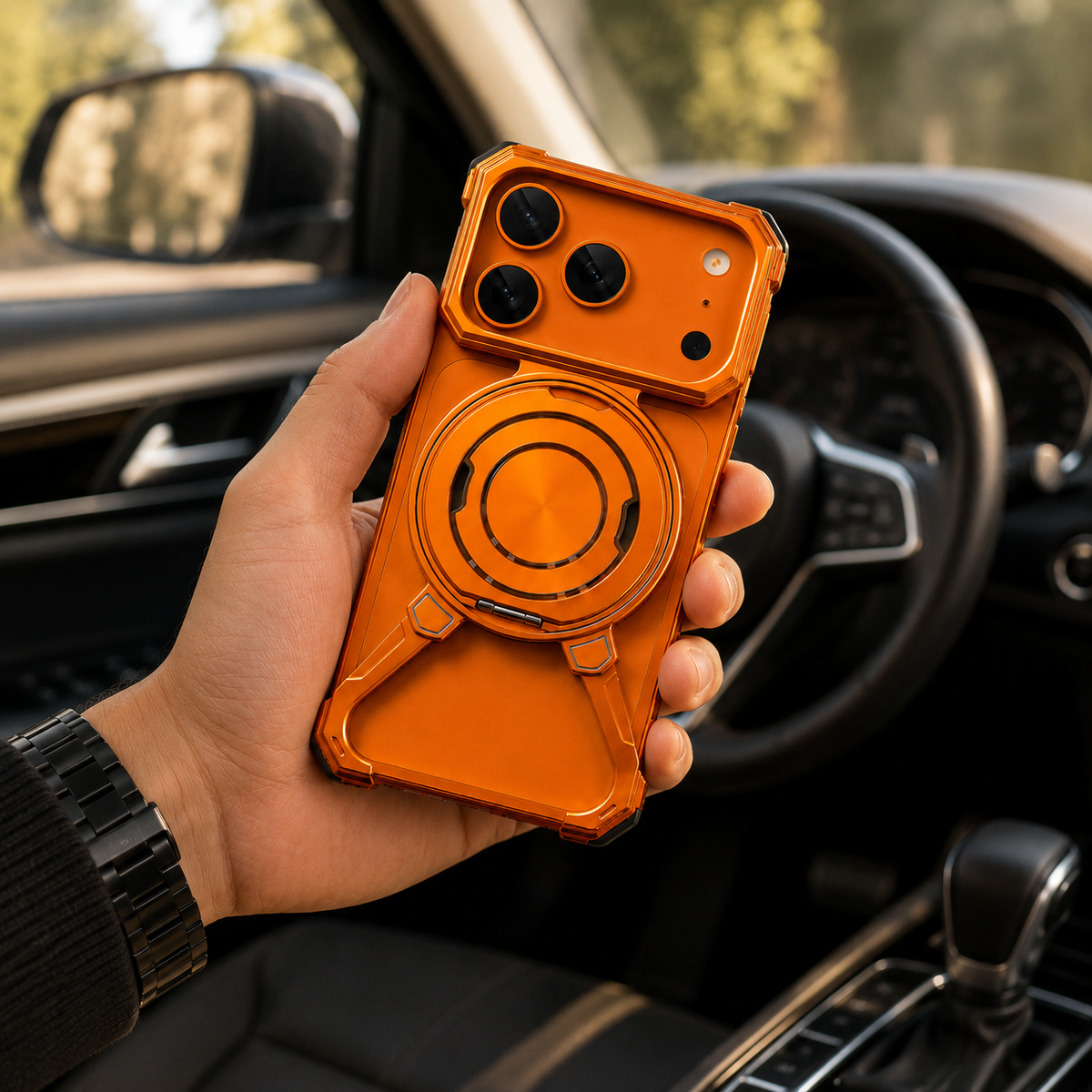 Premium iPhone Case Metal Frame Shockproof Bumper Cover with 360° Rotating Ring Stand Magnetic Grip Protective Design Full Coverage Slim Minimal Style