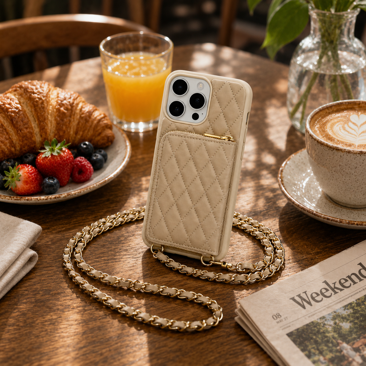 Premium iPhone Case Protective Cover Camera Lens Protection Shockproof Diamond Stitch Leather Crossbody Card Holder Chain Strap Anti Scratch Full Coverage