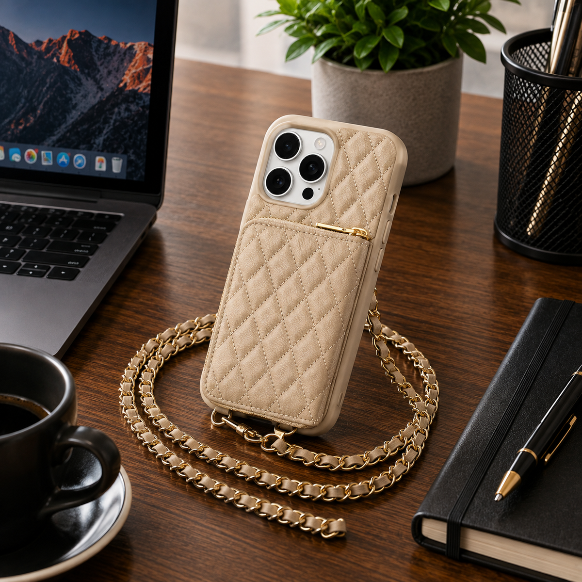 Premium iPhone Case Protective Cover Camera Lens Protection Shockproof Diamond Stitch Leather Crossbody Card Holder Chain Strap Anti Scratch Full Coverage