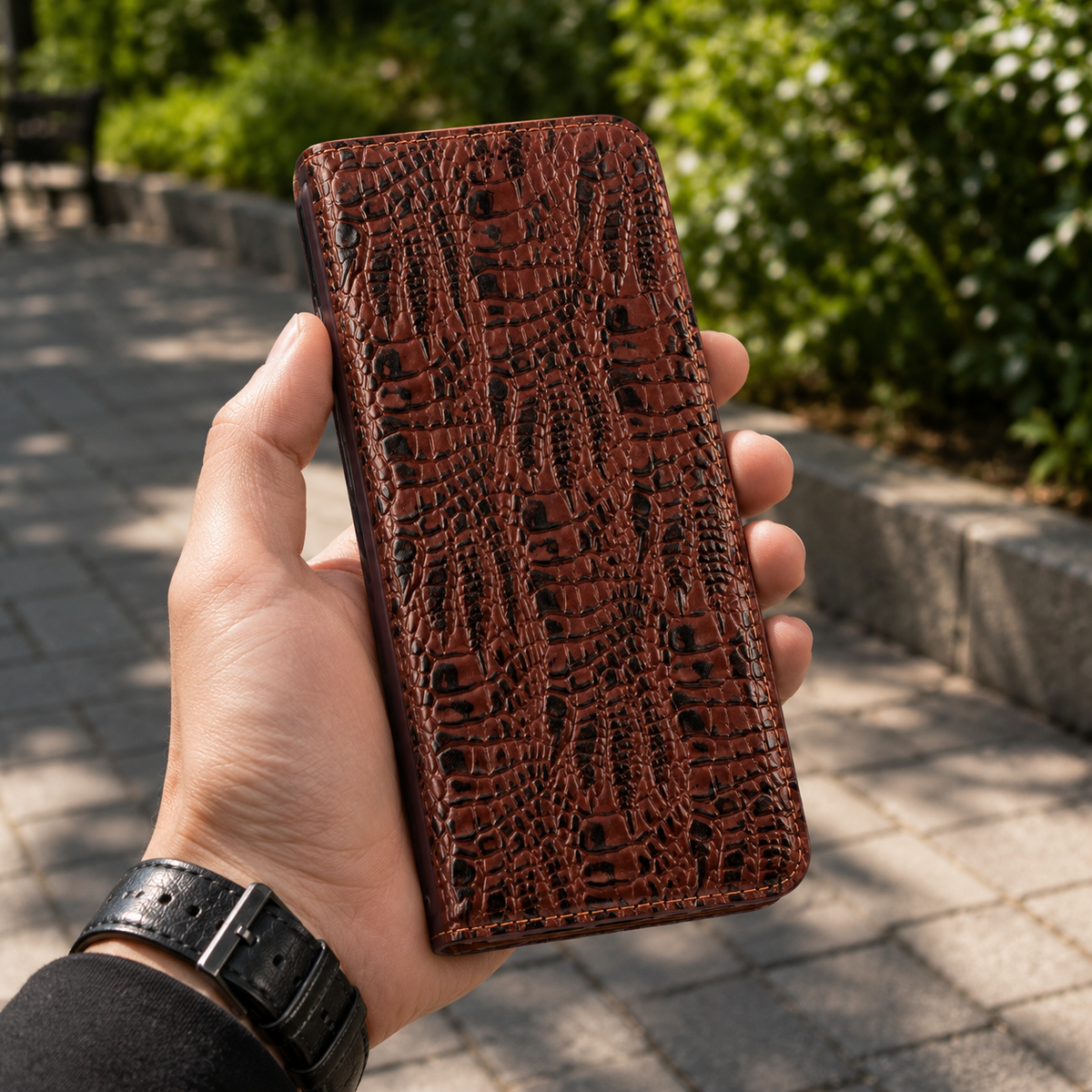 Premium iPhone Case Protective Cover Camera Lens Protection Shockproof Genuine Leather Flip Cover Card Pocket Crocodile Texture Non Slip Full Coverage