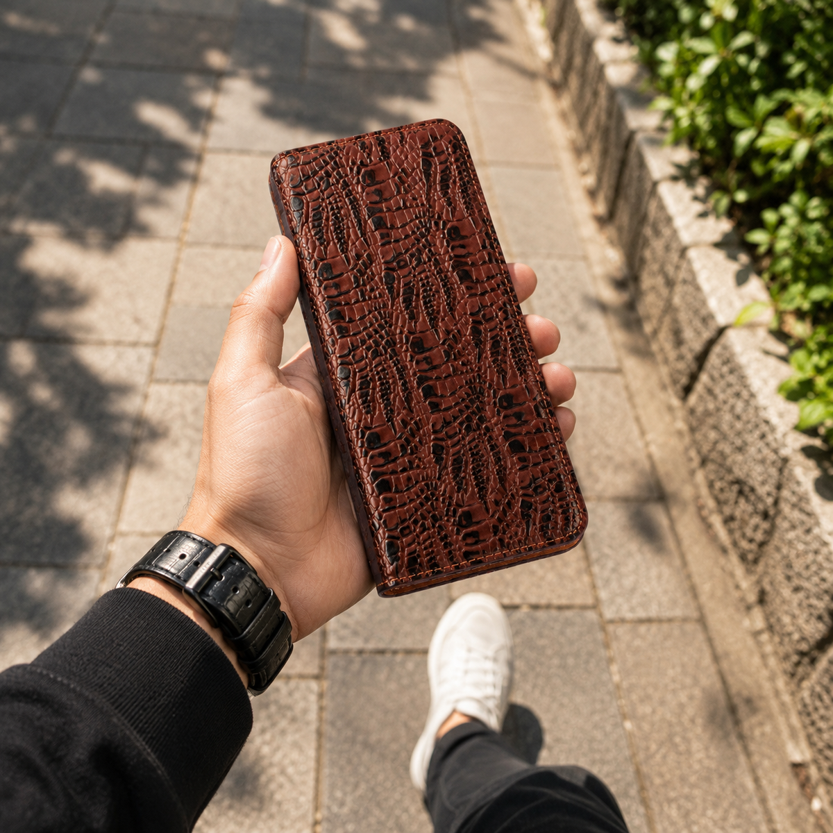 Premium iPhone Case Protective Cover Camera Lens Protection Shockproof Genuine Leather Flip Cover Card Pocket Crocodile Texture Non Slip Full Coverage