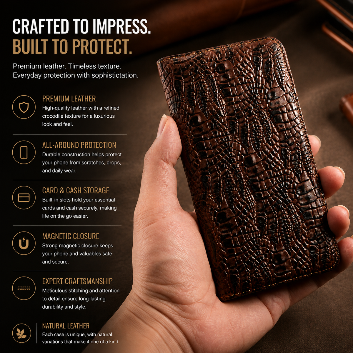 Premium iPhone Case Protective Cover Camera Lens Protection Shockproof Genuine Leather Flip Cover Card Pocket Crocodile Texture Non Slip Full Coverage