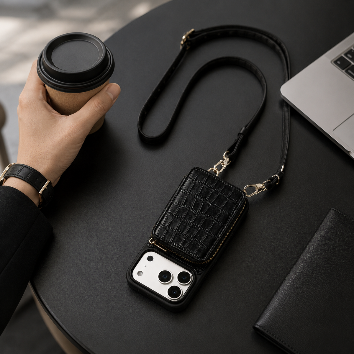 Premium iPhone Case Protective Wallet Cover Camera Lens Protection Crocodile Pattern Leather Crossbody Lanyard Card Holder Anti Fingerprint Slim Fit