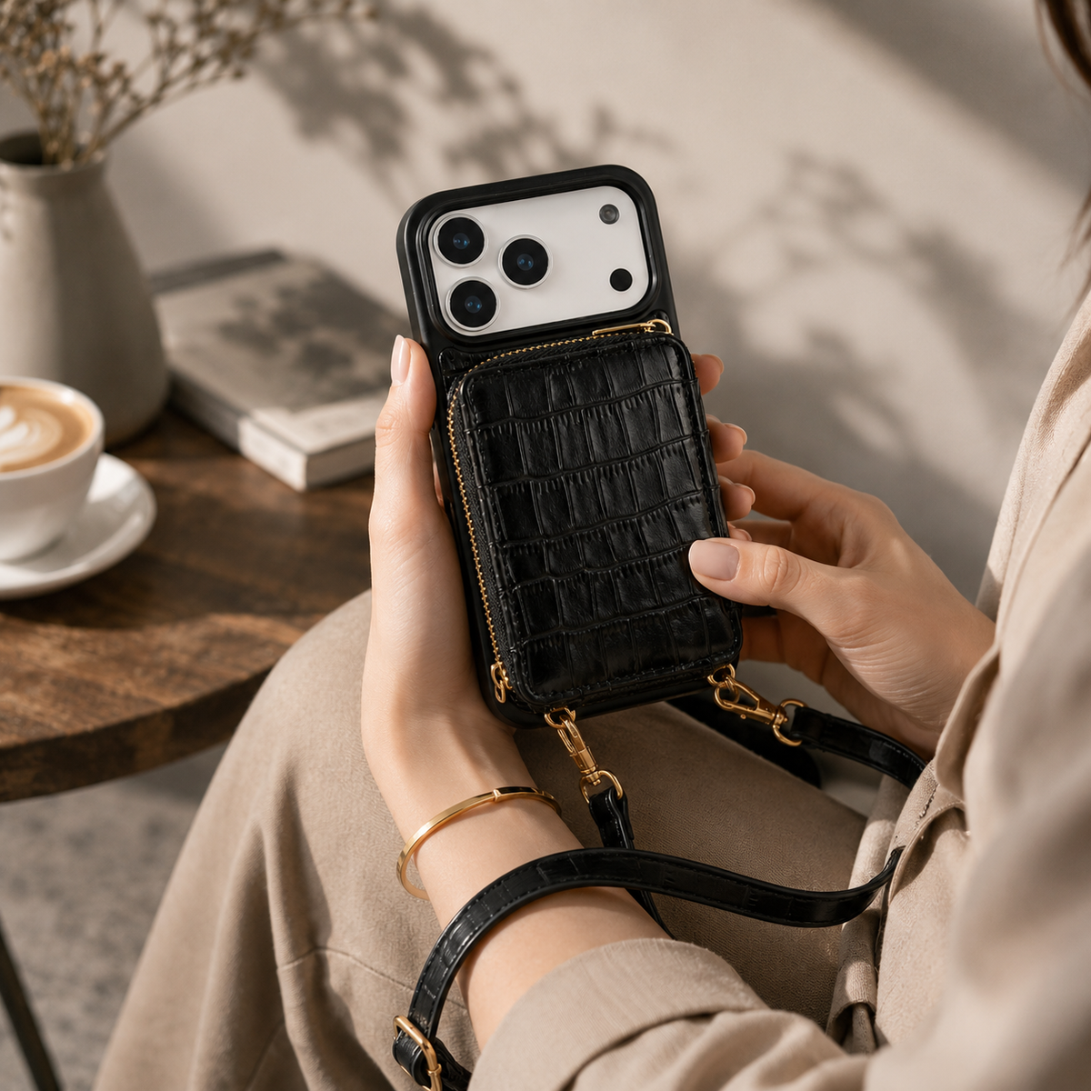 Premium iPhone Case Protective Wallet Cover Camera Lens Protection Crocodile Pattern Leather Crossbody Lanyard Card Holder Anti Fingerprint Slim Fit