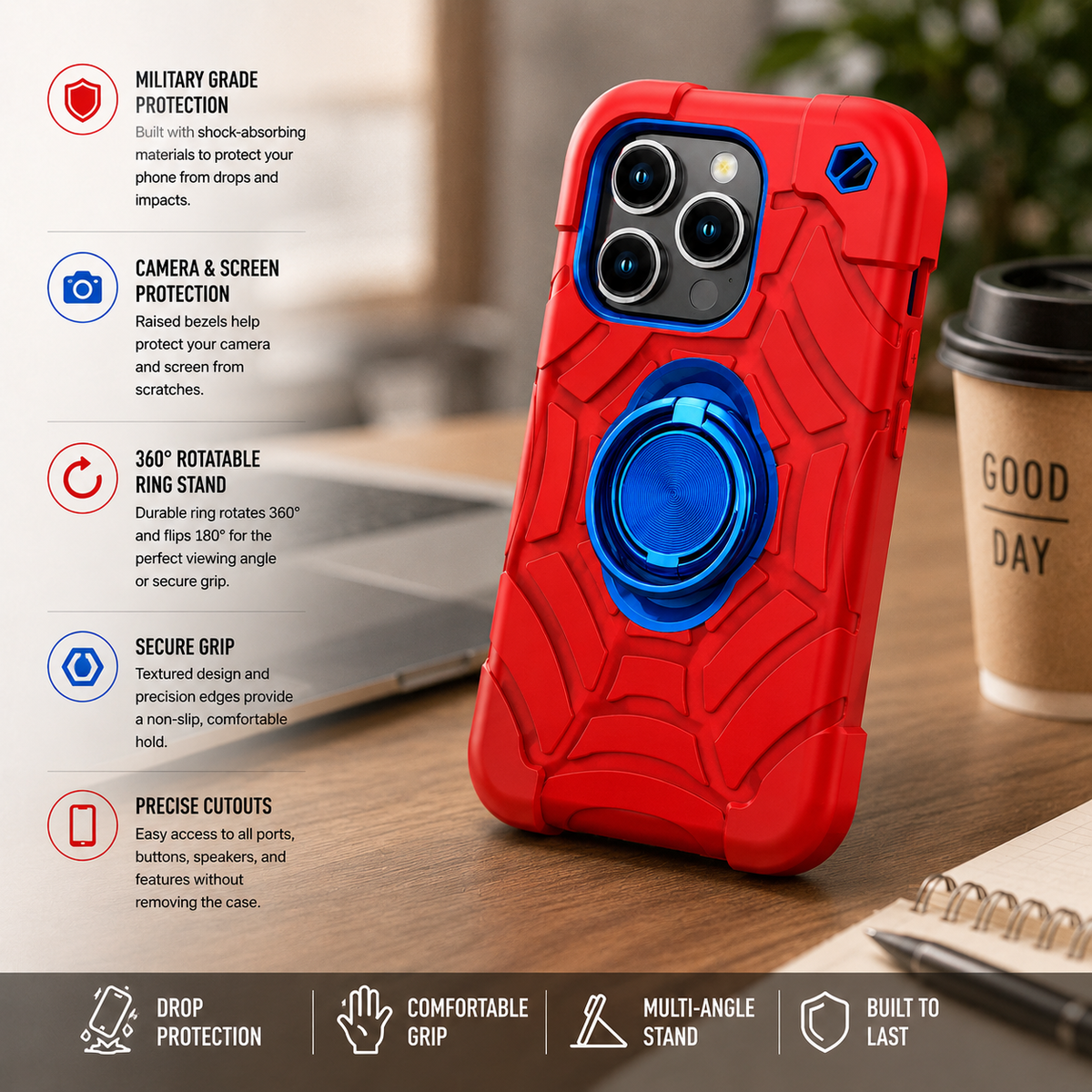 Premium iPhone Case Rugged Military Grade Protective Cover Dual Layer Shockproof Armor Ring Holder Magnetic Car Mount Compatible Full Body Protection Design
