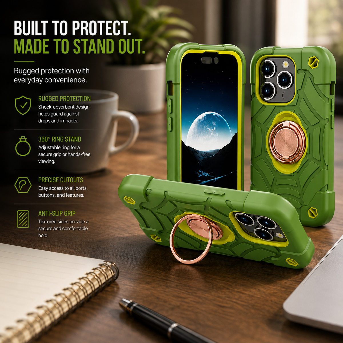 Premium iPhone Case Rugged Military Grade Protective Cover Dual Layer Shockproof Armor Ring Holder Magnetic Car Mount Compatible Full Body Protection Design