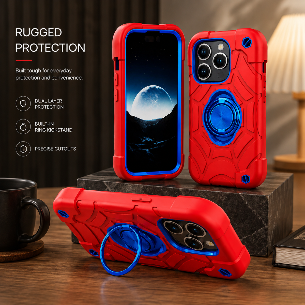 Premium iPhone Case Rugged Military Grade Protective Cover Dual Layer Shockproof Armor Ring Holder Magnetic Car Mount Compatible Full Body Protection Design