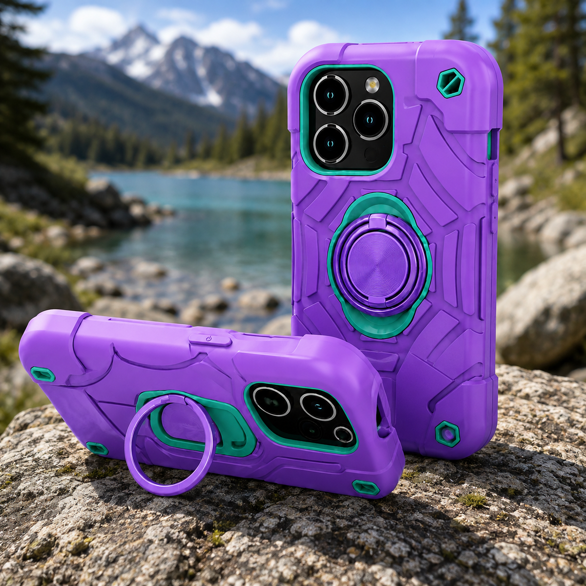 Premium iPhone Case Rugged Military Grade Protective Cover Dual Layer Shockproof Armor Ring Holder Magnetic Car Mount Compatible Full Body Protection Design