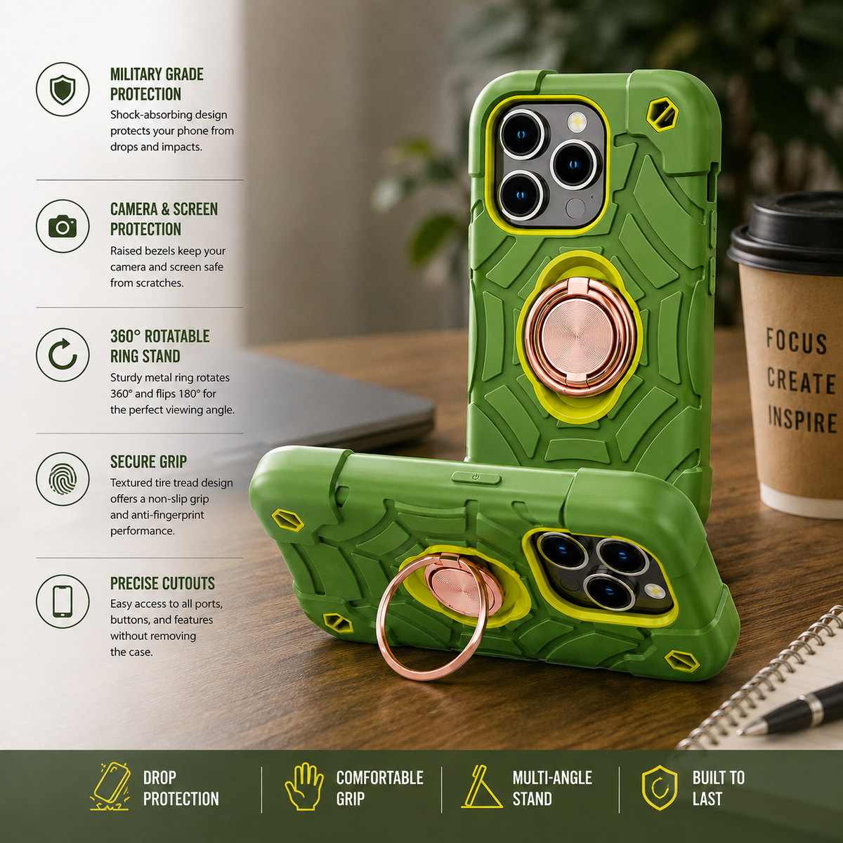 Premium iPhone Case Rugged Military Grade Protective Cover Dual Layer Shockproof Armor Ring Holder Magnetic Car Mount Compatible Full Body Protection Design