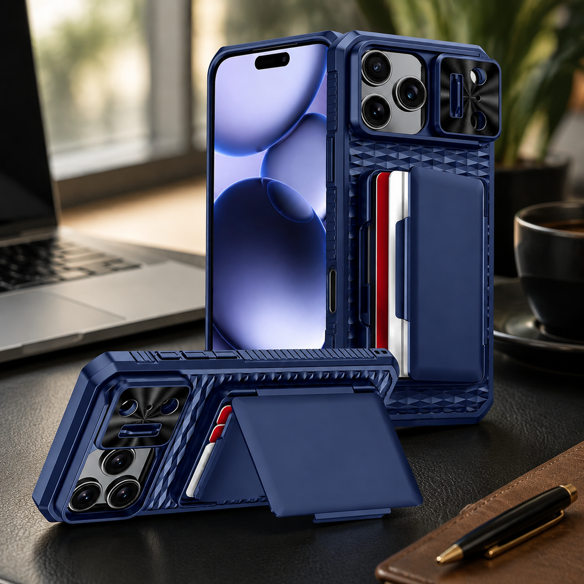Premium iPhone Case Wallet Card Holder Sliding Camera Cover Foldable Stand Shockproof PC TPU Protective Full Coverage Design