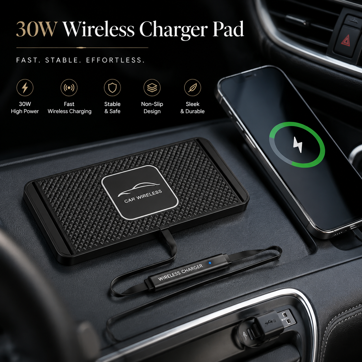 Premium Wireless Car Charger 15W Fast Wireless Charging Dashboard Phone Charging Pad Anti-Slip Silicone Cradle Dock Compatible with iPhone