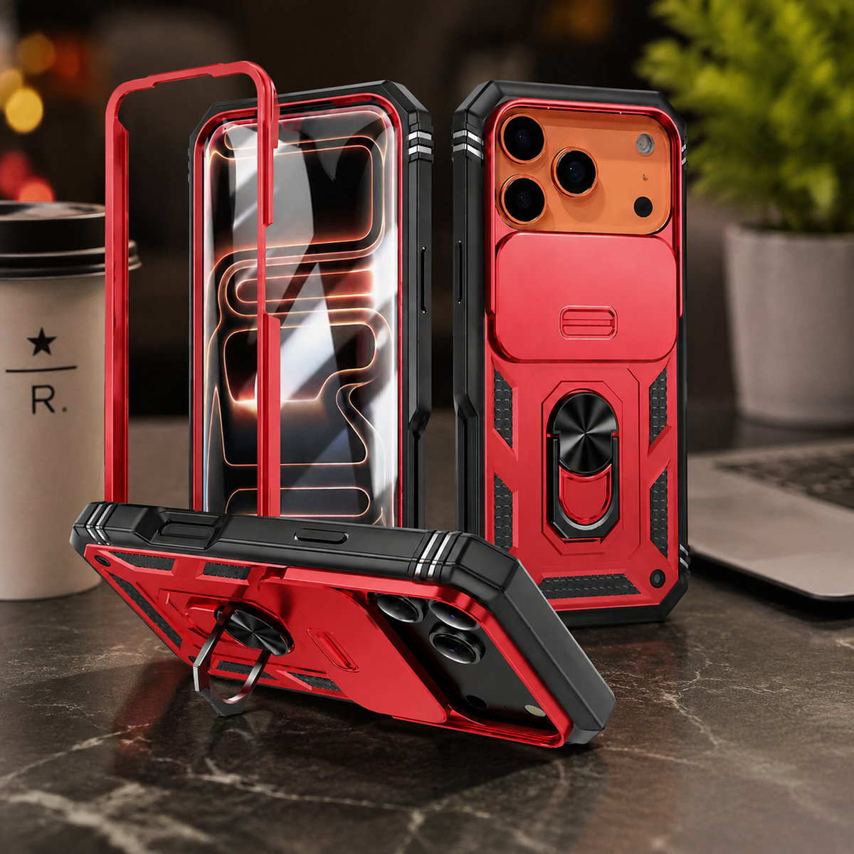 Premium iPhone Case Magnetic Armor Shockproof Protective Cover 360 Degree Rotating Ring Holder Camera Lens Protection Anti Scratch Full Coverage
