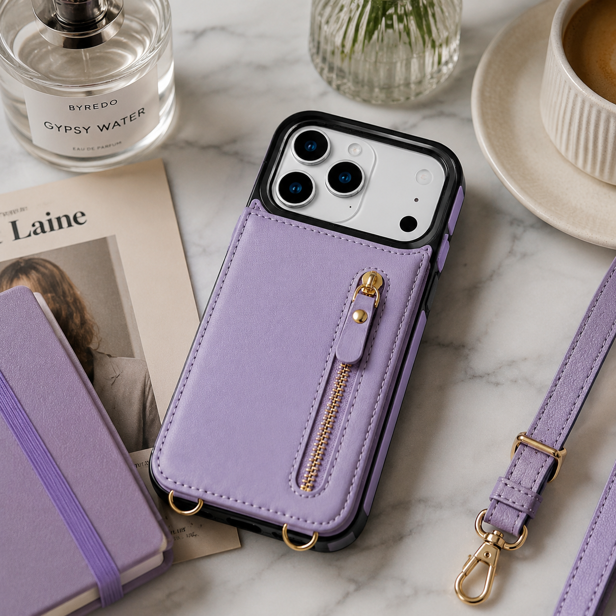 Premium iPhone Case Crossbody Leather Wallet Cover RFID Card Holder Zipper Pocket Lanyard Strap Shockproof Anti Fingerprint Full Coverage