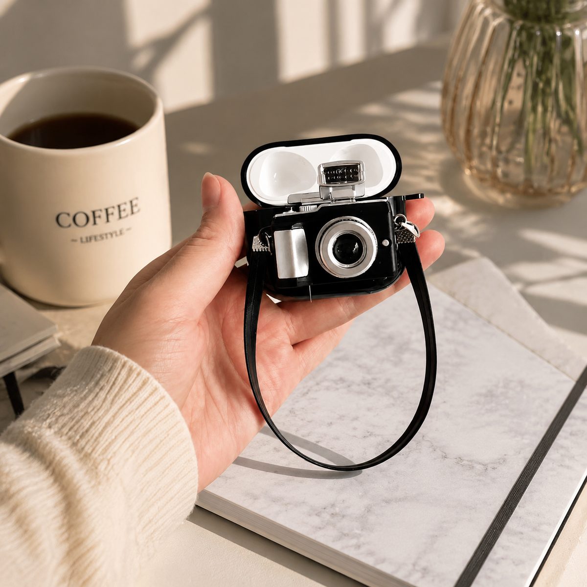 Premium Camera AirPods Case Soft Silicone Protective Cover Cute Wireless Charging Carry Strap Shockproof Earbuds Case Compatible with AirPods